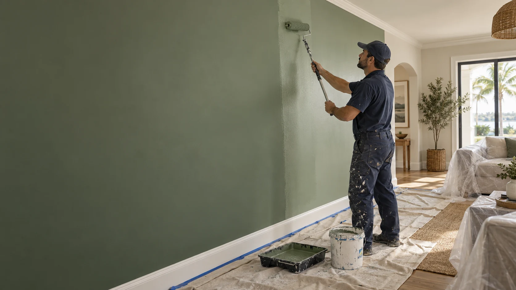 Professional painting a sage accent wall in a protected living room